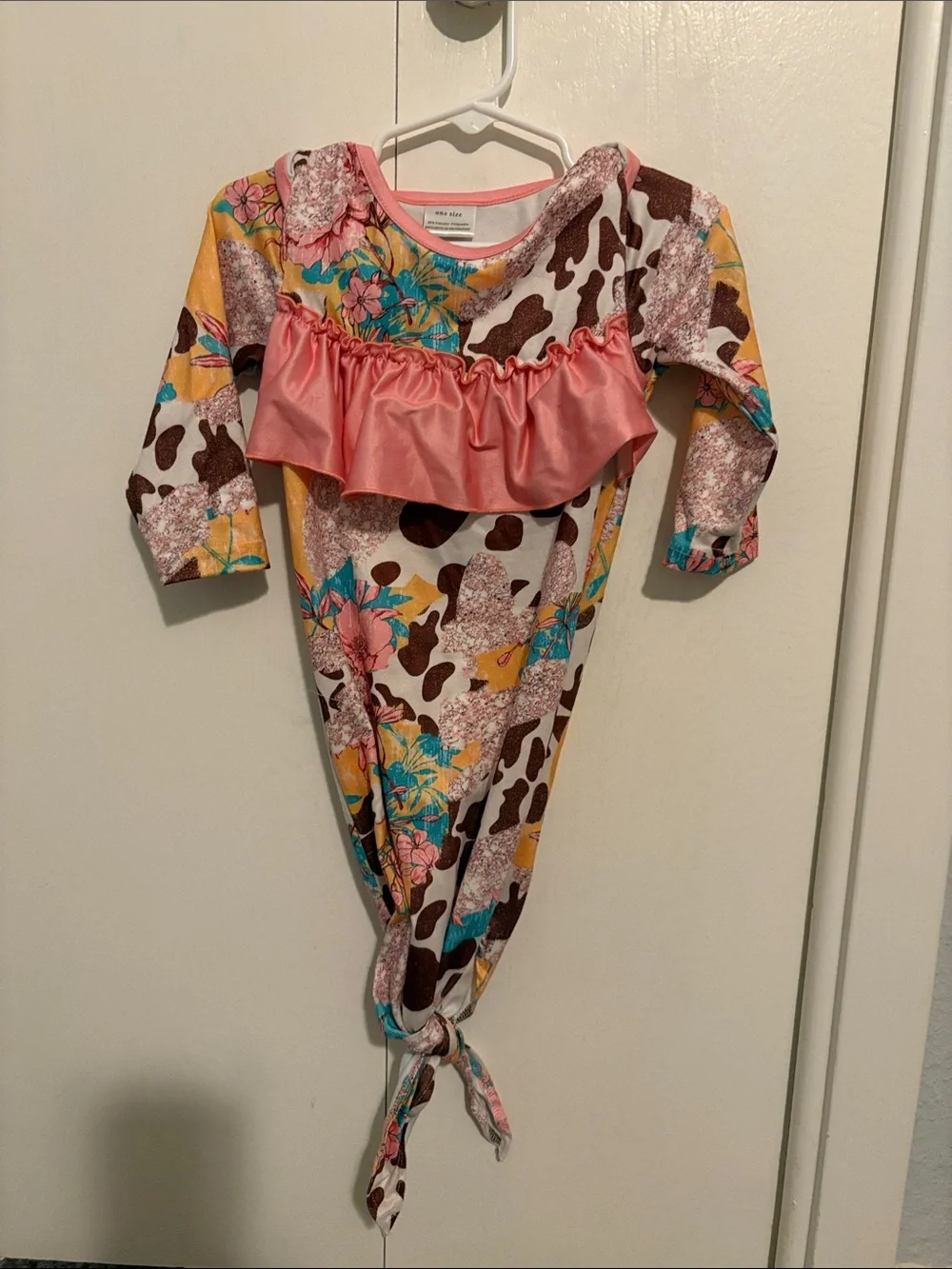 Girls Floral Cow-Print Knit Sleep Gown with Pink Ruffle